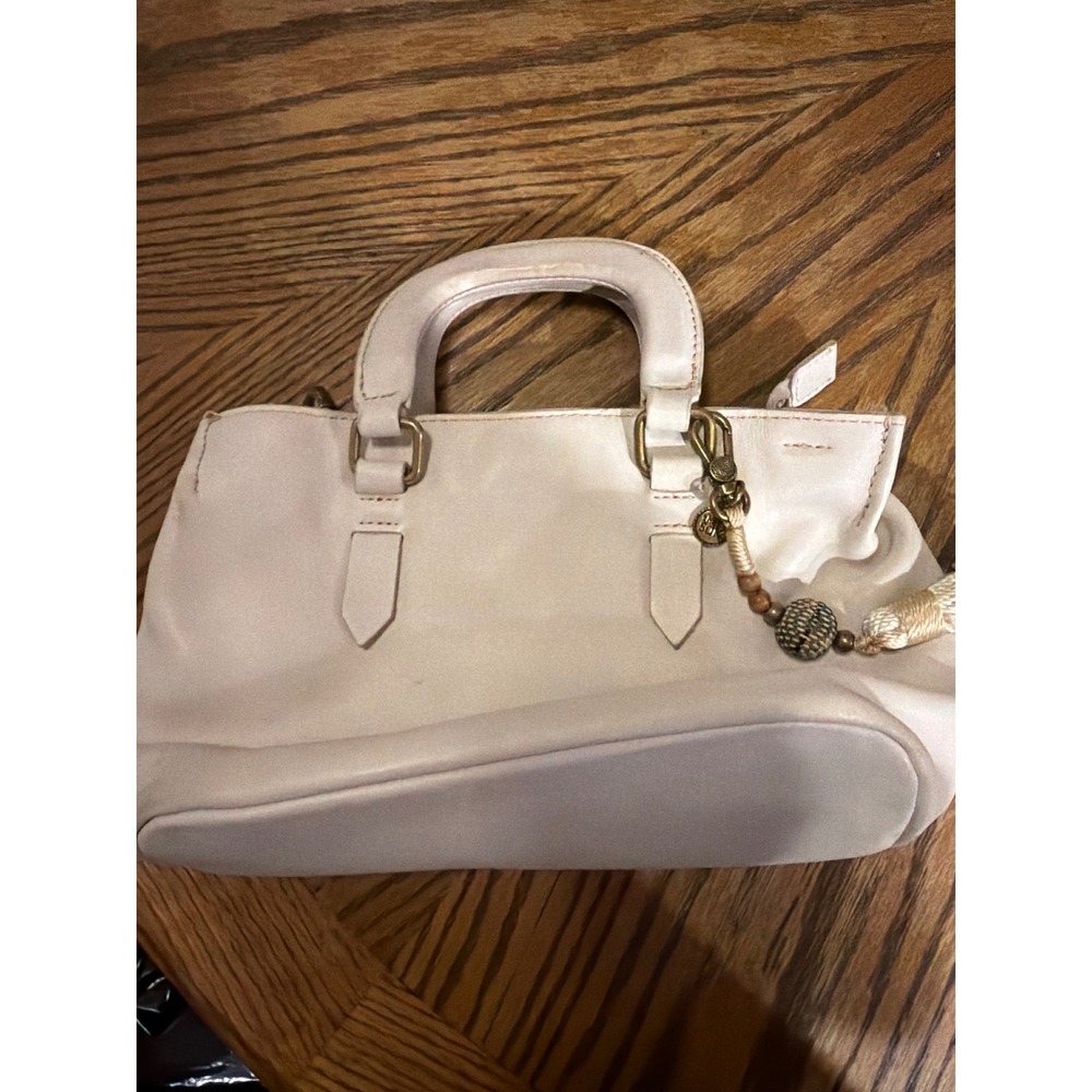 The Sak Cream Leather Satchel Handbag Beaded Tassel Charm Off White Purse